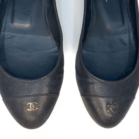 Chanel Interlocking CC Logo Black Cap Toe Ballet Flats EU 37.5 US 6.5-7 Slip on - Picture 4 of 10